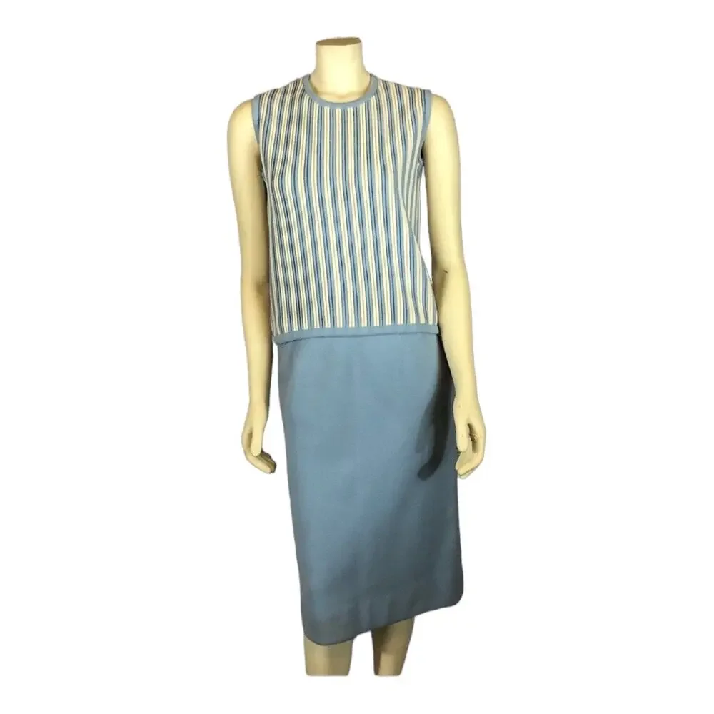 Vintage Gino Paoli 1960s Italian Wool 3-Piece Skirt Suit Set Blue Stripe Top S-M